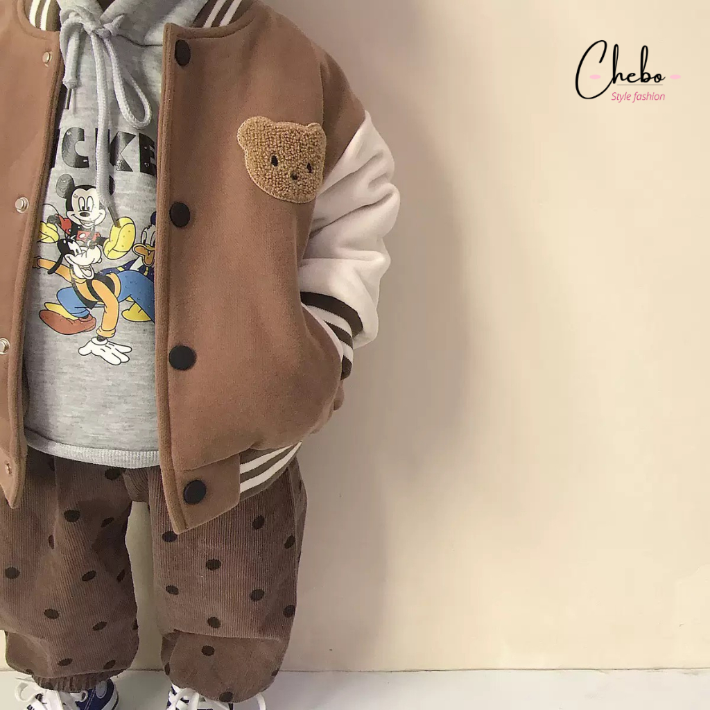 Combo 2 áo khoác bomber Quảng Châu lót lông cừu cho bé gái bé trai thêu gấu phong cách Hàn Quốc, khoác bomber siêu ấm