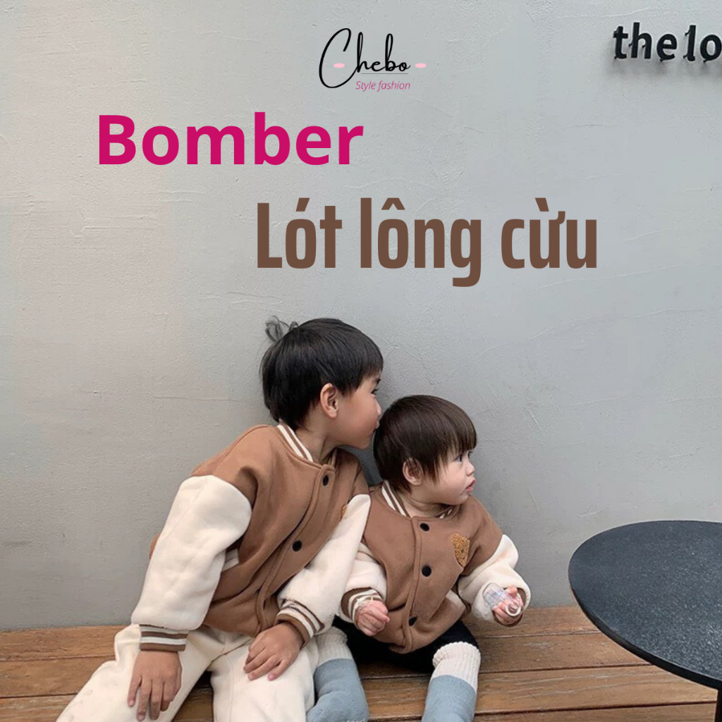 Combo 2 áo khoác bomber Quảng Châu lót lông cừu cho bé gái bé trai thêu gấu phong cách Hàn Quốc, khoác bomber siêu ấm