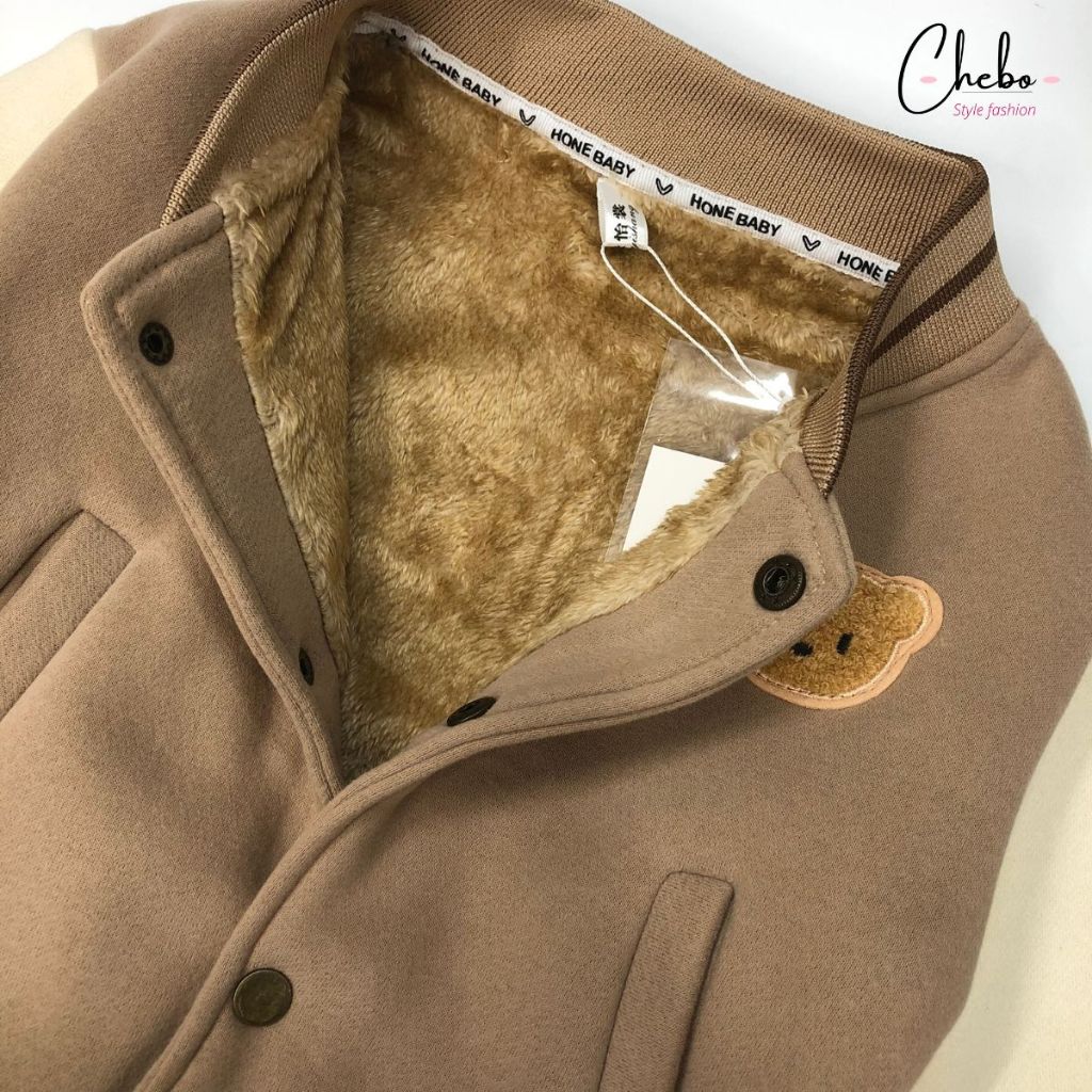 Combo 2 áo khoác bomber Quảng Châu lót lông cừu cho bé gái bé trai thêu gấu phong cách Hàn Quốc, khoác bomber siêu ấm