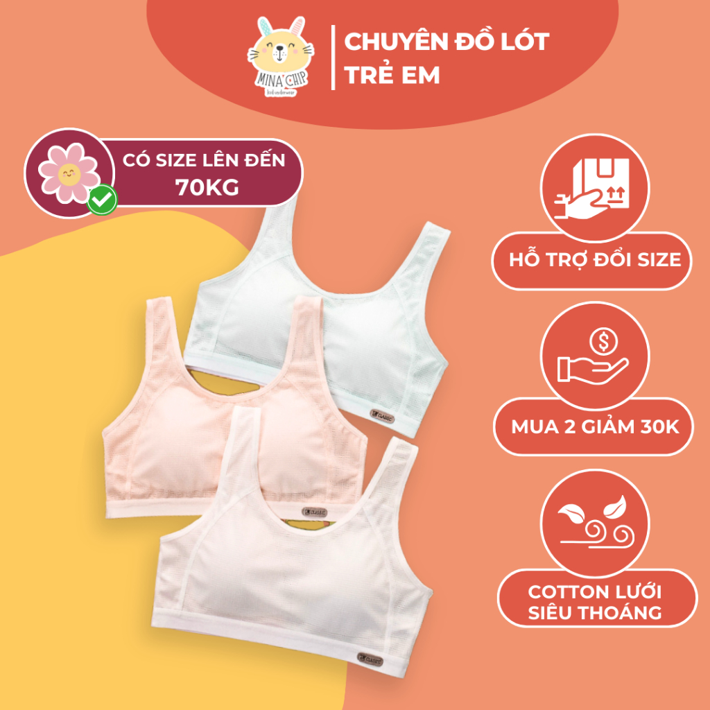 Áo lá học sinh cotton lưới dáng ba lỗ mềm mại thoáng mát Minachip A16 cho bé 35-70kg