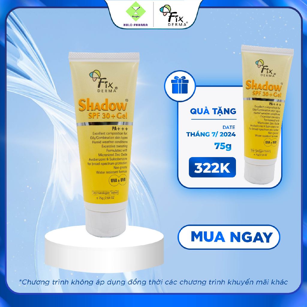 Kem Chống Nắng Dành Cho Da Dầu Mụn FIXDERMA Shadow SPF 30+ Gel Bảo Vệ Da Trước Tia UVA, UVB, Mỏng Nhẹ 75g [KIHODE]