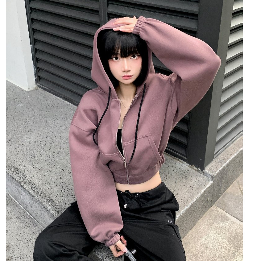 Calem Club - Áo khoác nữ Hoodie zip Croptop nỉ cotton Trơn basic nhiều màu thoáng mát