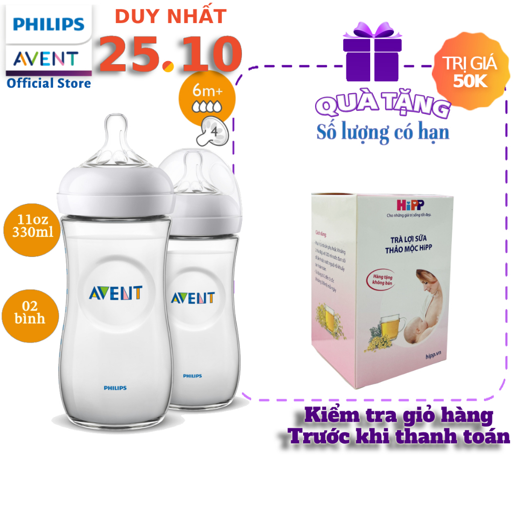 Philips Avent Bộ 2 bình sữa mô phỏng tự nhiên 330ml cho bé từ 6 tháng SCF696/23