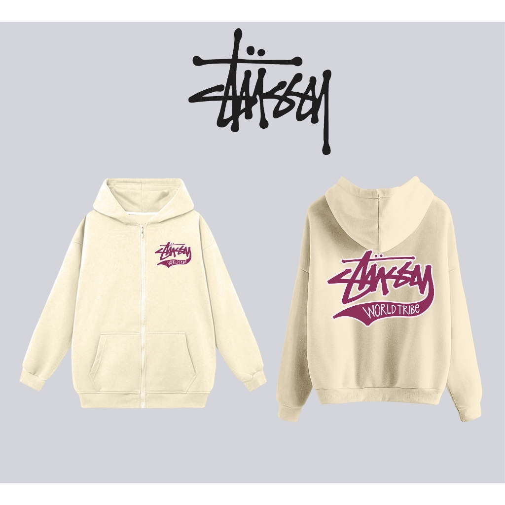 Áo khoác hoodie STUSSY nam nữ mũ 2 lớp nỉ bông cotton dày dặn kéo zip form rộng unisex basic chính hãng