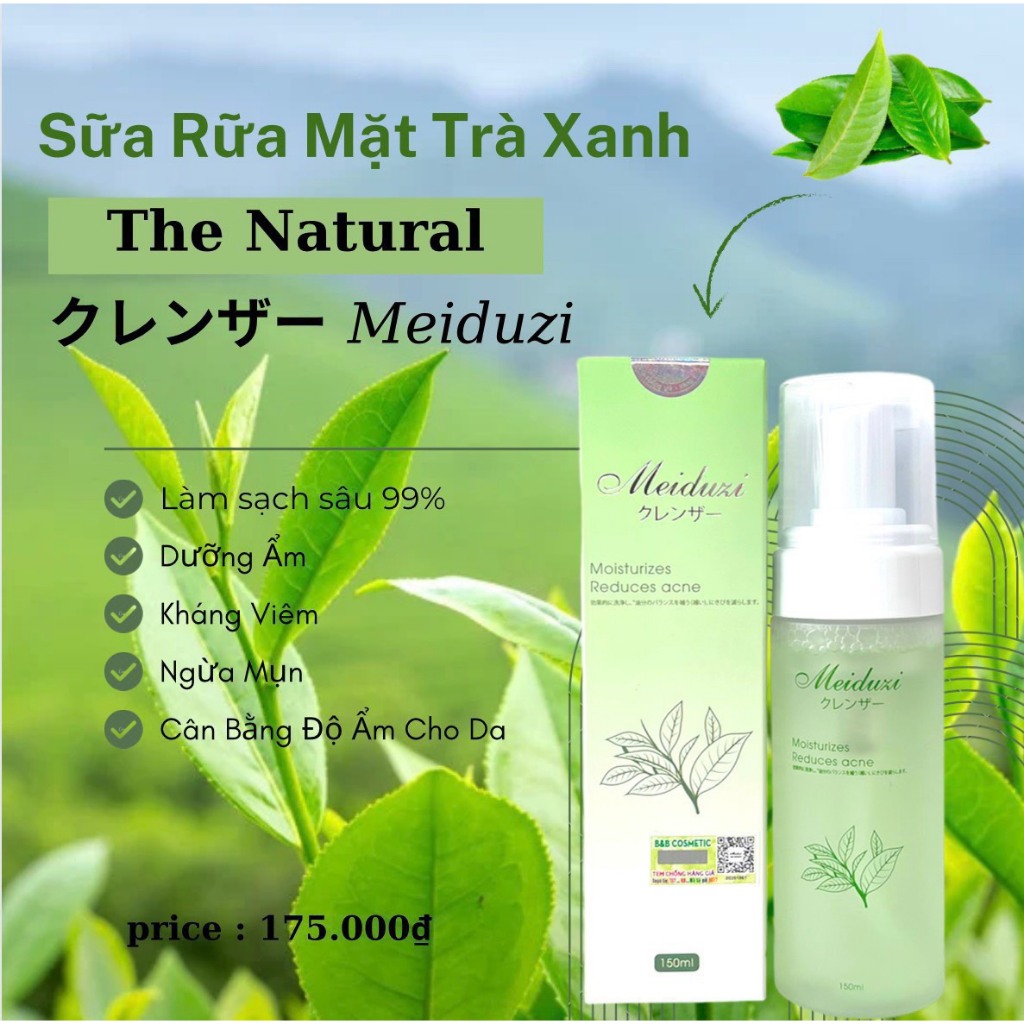 Sữa rửa mặt Meiduzi tạo bột trà xanh 150ML mờ thâm,mụn, tàn nhang, trắng da quà tặng dây cột tóc