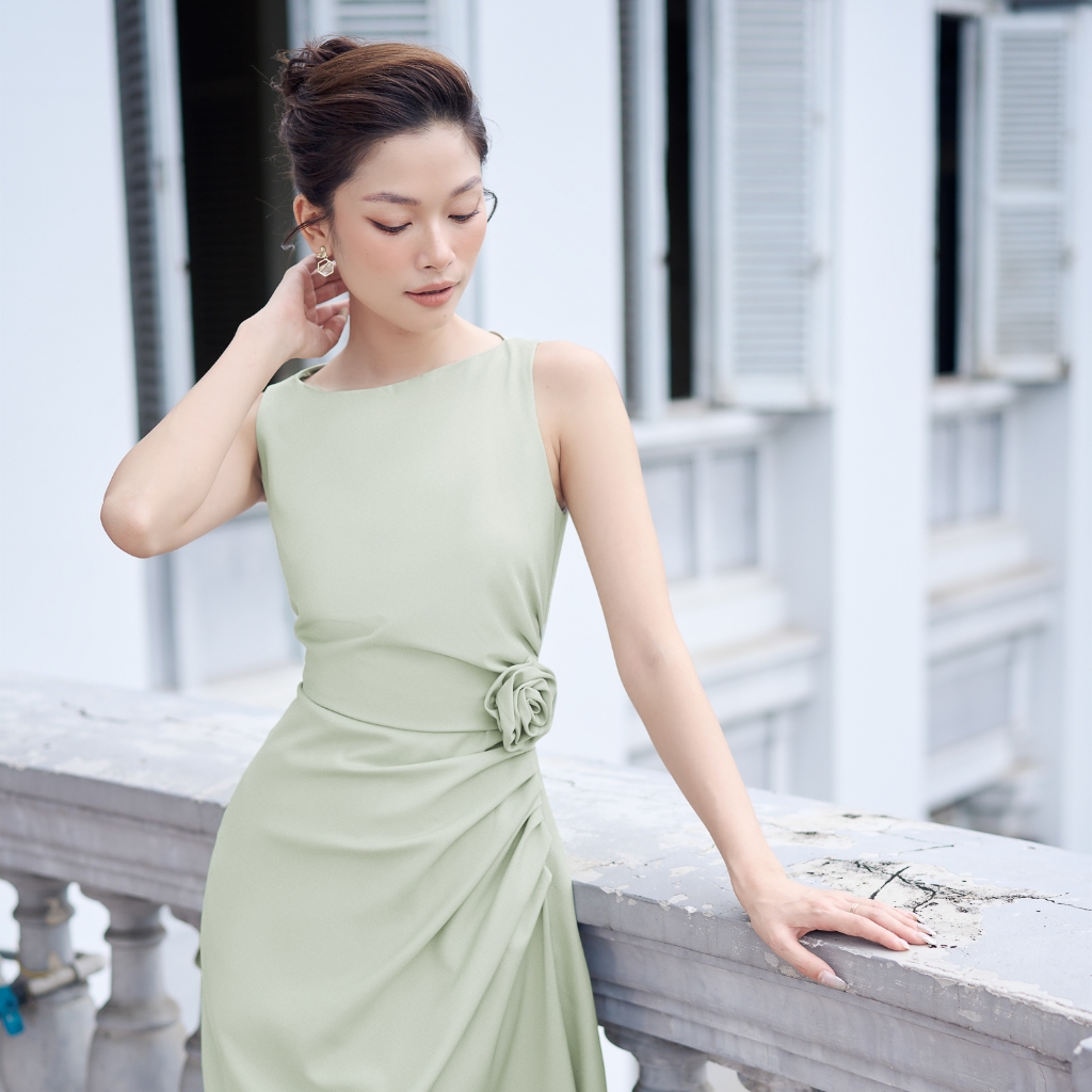 Đầm midi cotton lạnh nhún kiểu Maybi