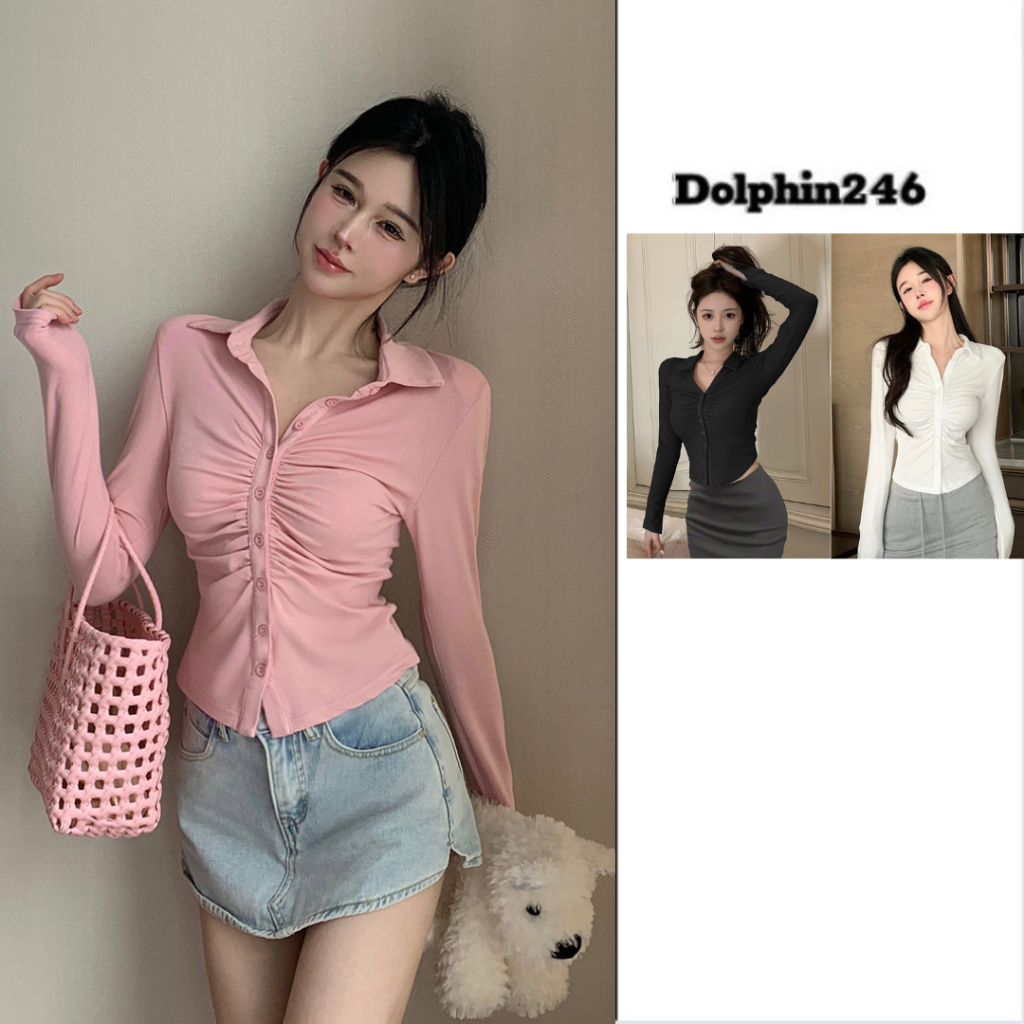 Áo croptop cổ bẻ dáng ngắn cúc giữa dài tay cho nữ nhún bèo ngực sexy cá tính phong cách Hàn Quốc M365 D-8