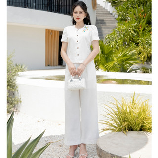 Set bộ linen áo thêu hoa, quần suông 4235 - trắng