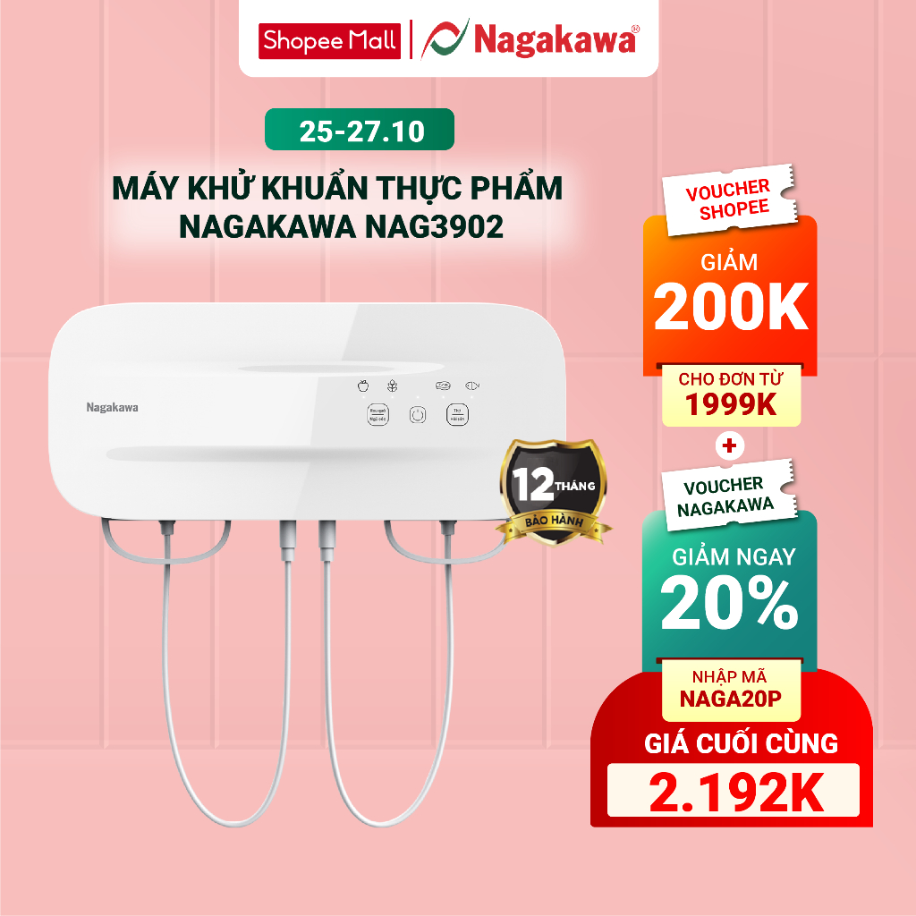 Máy khử khuẩn thực phẩm treo tường Nagakawa NAG3904 - Tích hợp 4 chế độ cài đặt sẵn - Công nghệ điện phân Hydroxyl - Bảo