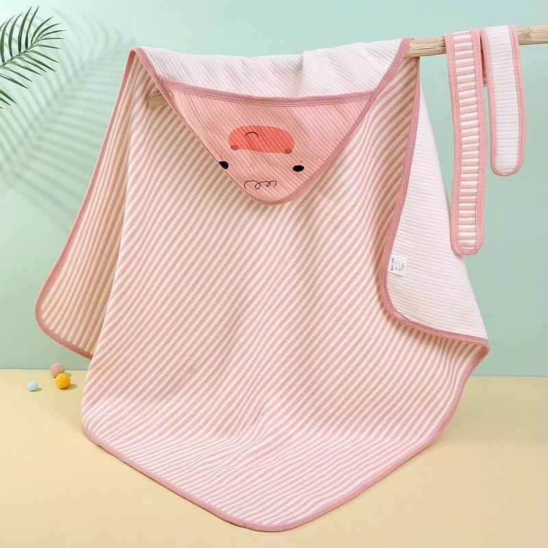 Chăn ủ kẻ sọc cao cấp, Khăn choàng cho bé, choàng thú có mũ cotton kích thước 90*90cm