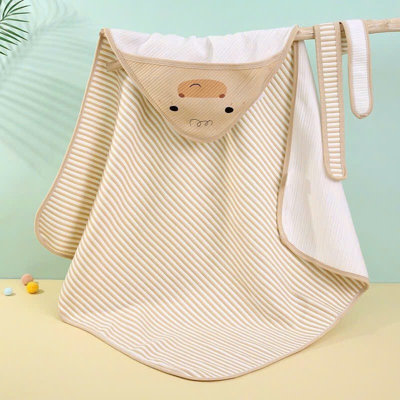 Chăn ủ kẻ sọc cao cấp, Khăn choàng cho bé, choàng thú có mũ cotton kích thước 90*90cm