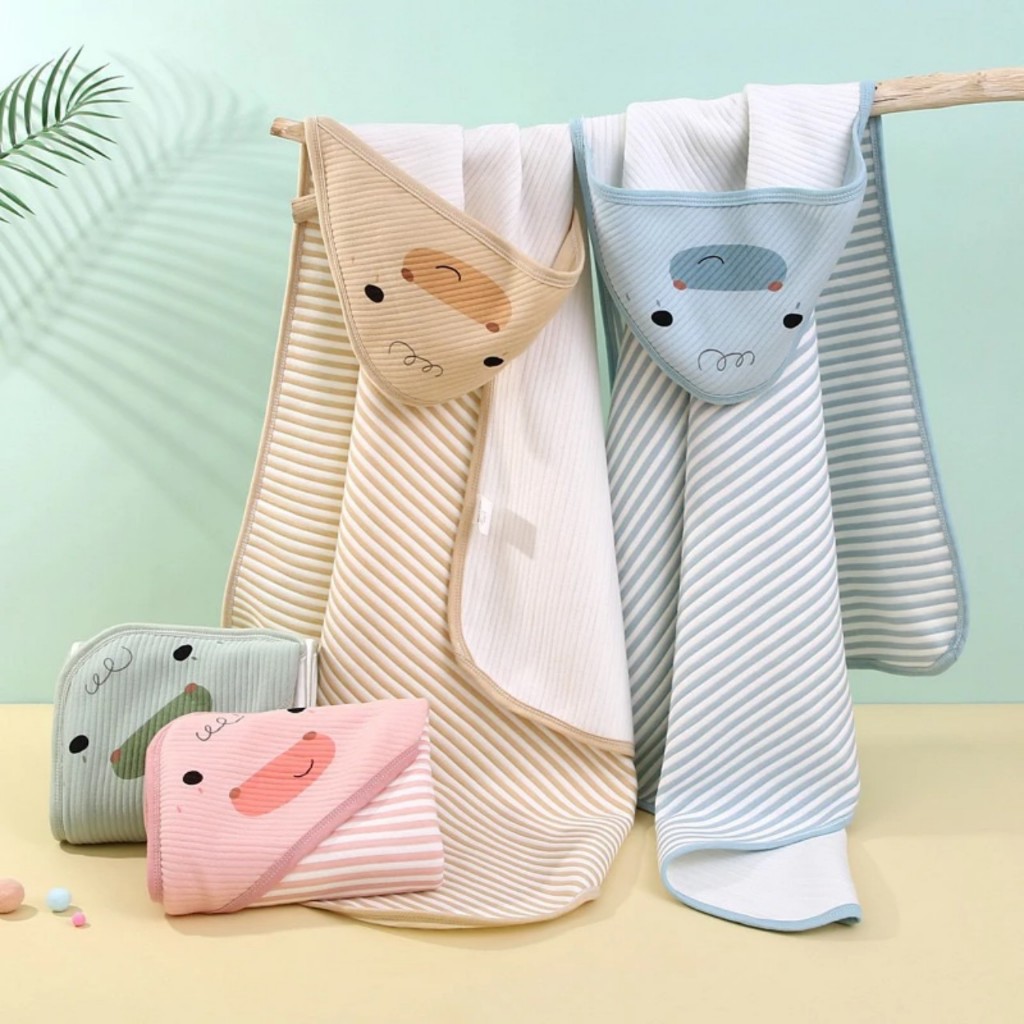 Chăn ủ kẻ sọc cao cấp, Khăn choàng cho bé, choàng thú có mũ cotton kích thước 90*90cm