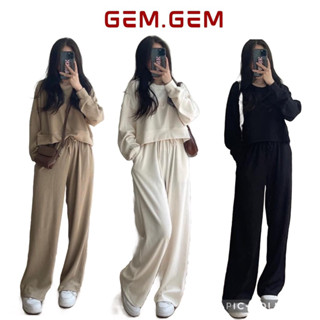 Set bộ nỉ CHẤT LEN TĂM áo croptop quần dài xuông trơn basic form rộng, bộ nỉ nữ mùa thu đông tay bồng ulzang