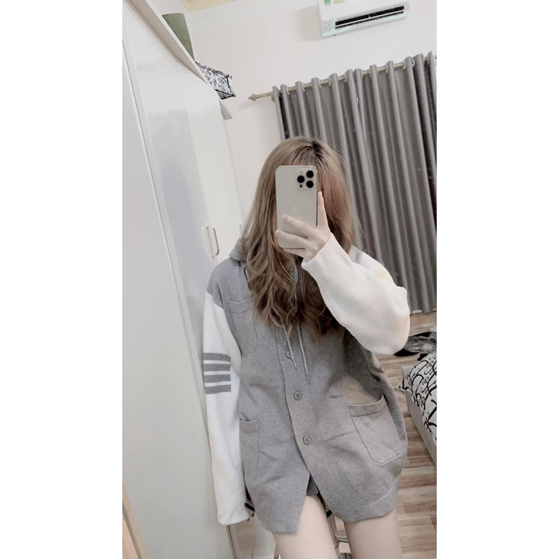 Áo len thome cúc xám phối tay trắng ảnh thật