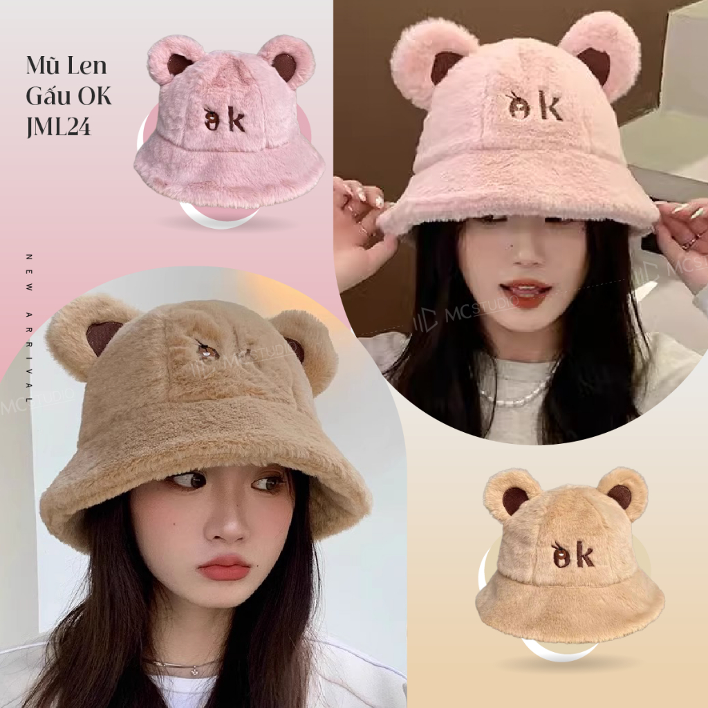 Mũ Len Lông OK JML24 Jussy Official Mũ Tai Gấu Trùm Đầu Giữ Ấm Chất Lông Dày Mịn Kiểu Nón Tai Bèo Hàn Quốc