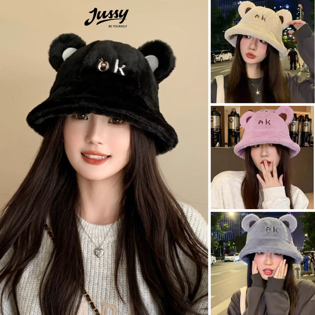 Mũ Len Lông OK JML24 Jussy Official Mũ Tai Gấu Trùm Đầu Giữ Ấm Chất Lông Dày Mịn Kiểu Nón Tai Bèo Hàn Quốc