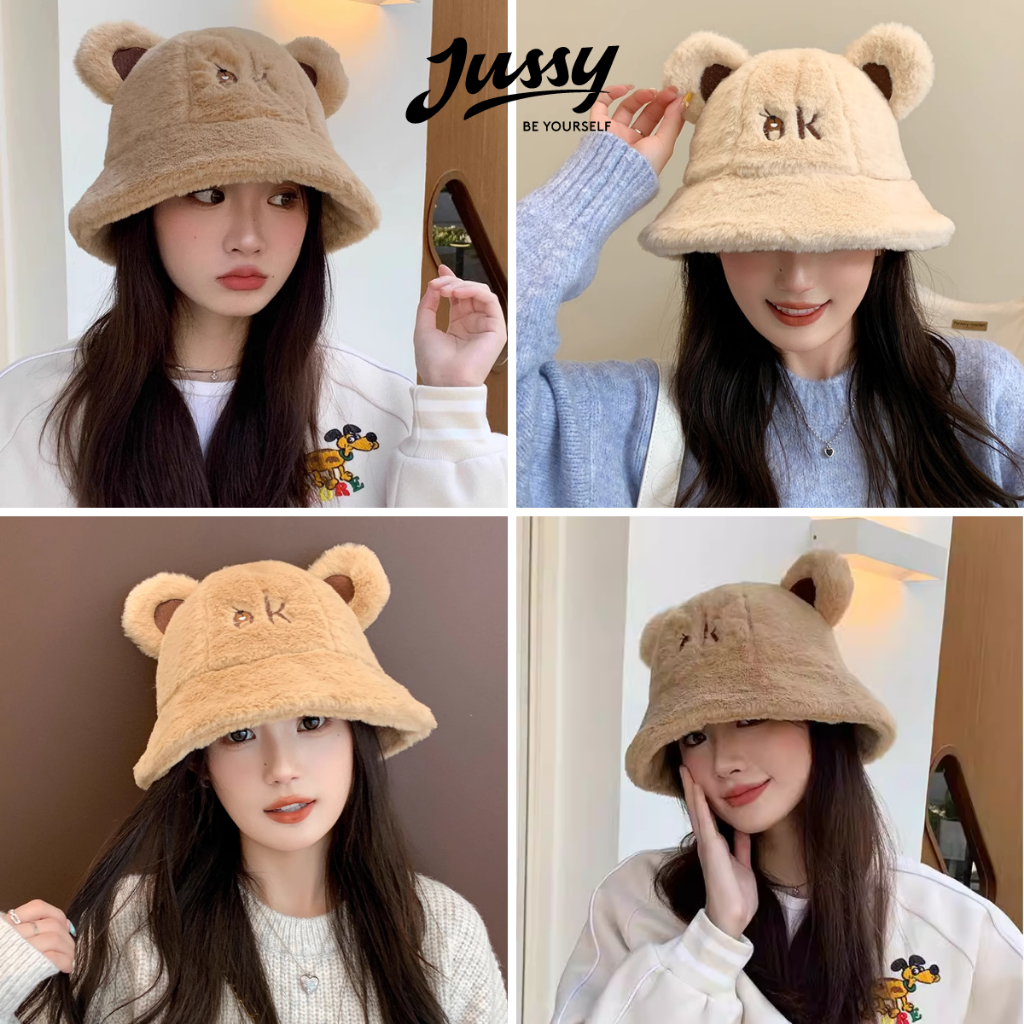 Mũ Len Lông OK JML24 Jussy Official Mũ Tai Gấu Trùm Đầu Giữ Ấm Chất Lông Dày Mịn Kiểu Nón Tai Bèo Hàn Quốc