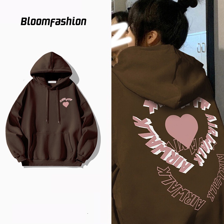 Áo hoodie nỉ có mũ trùm đầu in họa tiết chữ trái tim dáng rộng cho mùa thu đông
