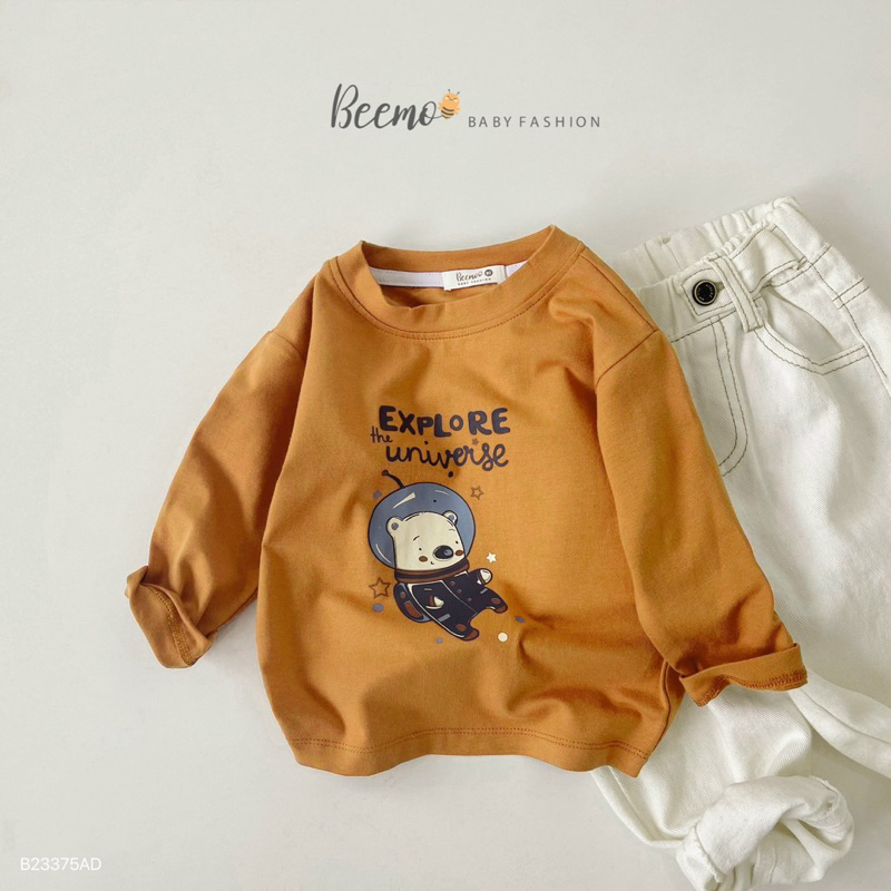 Áo thun dài tay in hình gấu phi hành gia Beemo cho bé, áo phông cotton dài tay Beemo in hoạt hình