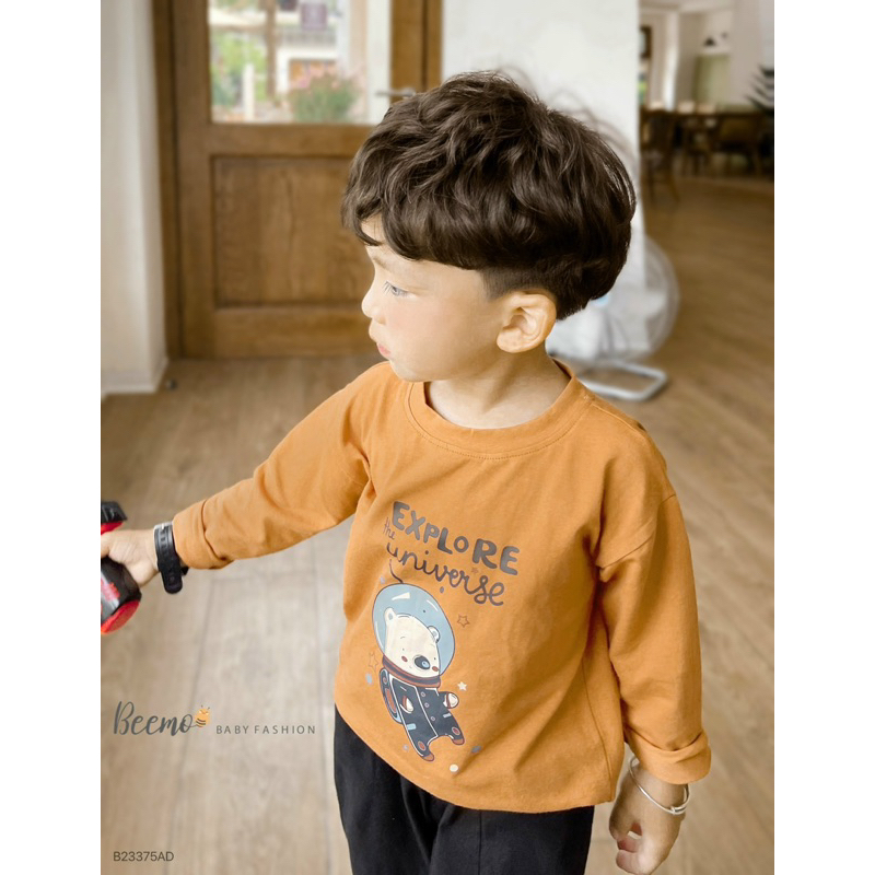 Áo thun dài tay in hình gấu phi hành gia Beemo cho bé, áo phông cotton dài tay Beemo in hoạt hình