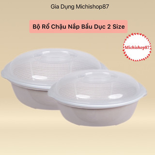 Bộ Thau Rổ 2 Lớp Kèm Nắp Đậy Hình Bầu Dục 2 Size Nhựa Việt Nhật Đựng Rau Củ, Thau Rổ Đựng Rau Củ Tiện Lợi