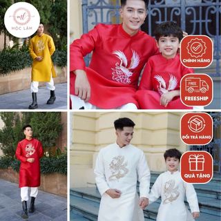Áo dài cách tân nhiều màu cho bố và bé trai chất liệu Tafta họa tiết thêu đẹp, cao cấp -  Áo Dài Tết  Mộc Lâm -BC01