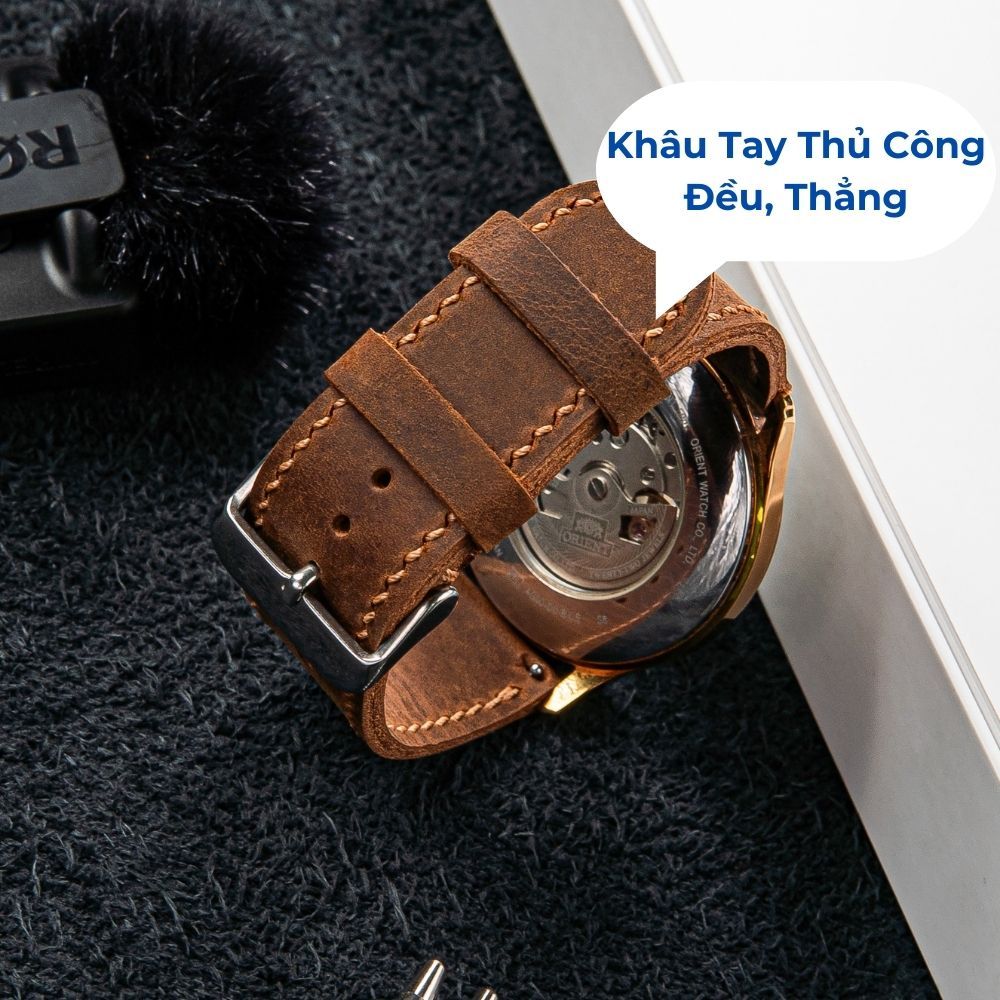 Dây da đồng hồ da bò sáp 2 lớp ngựa điên Nâu Đất thích hợp Apple Watch, đồng hồ thường size 18, 20, 22, 24mm Vnstrap S22