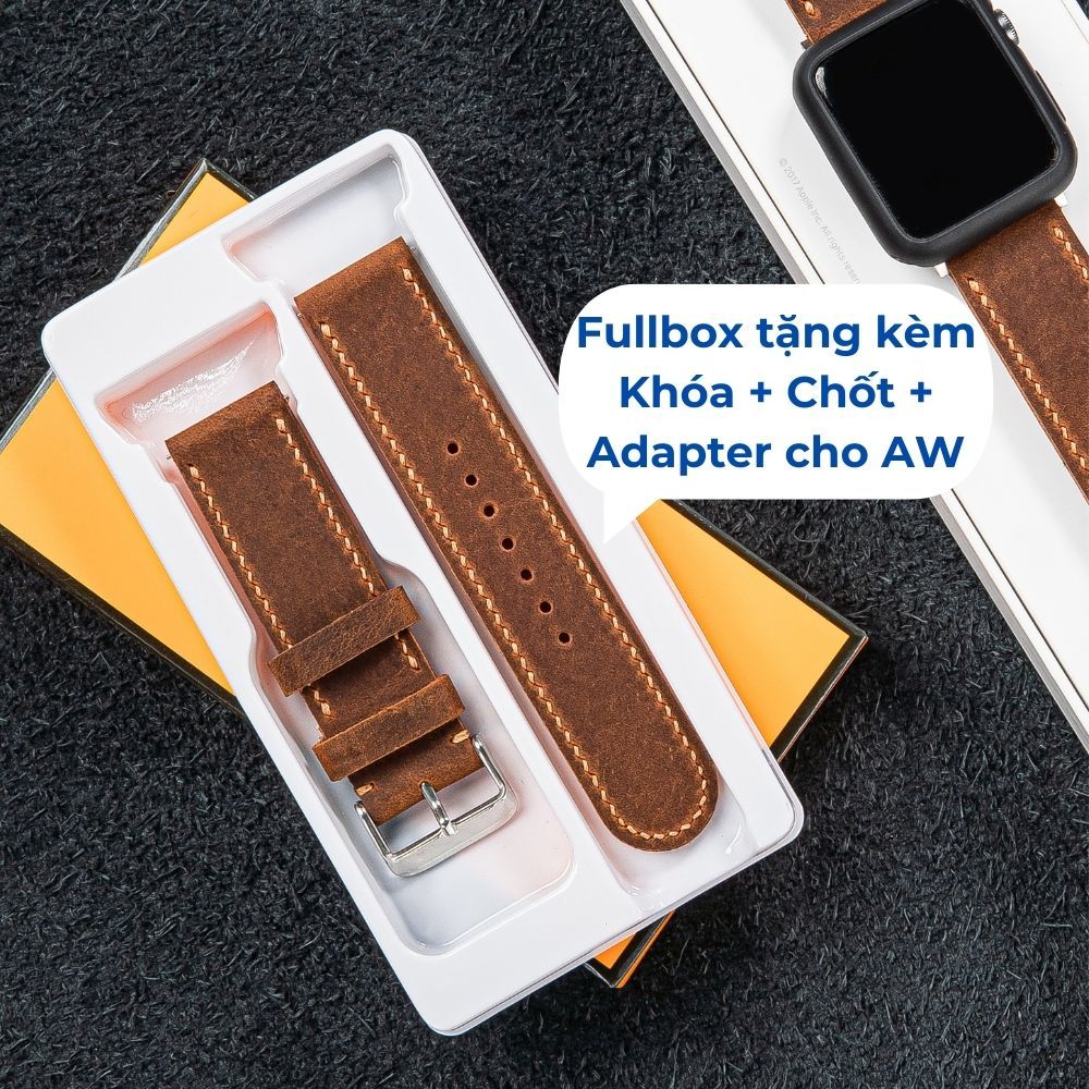 Dây da đồng hồ da bò sáp 2 lớp ngựa điên Nâu Đất thích hợp Apple Watch, đồng hồ thường size 18, 20, 22, 24mm Vnstrap S22