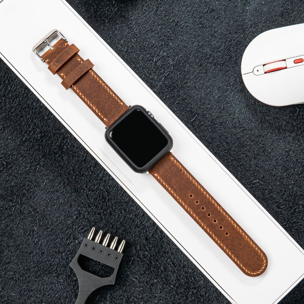 Dây da đồng hồ da bò sáp 2 lớp ngựa điên Nâu Đất thích hợp Apple Watch, đồng hồ thường size 18, 20, 22, 24mm Vnstrap S22