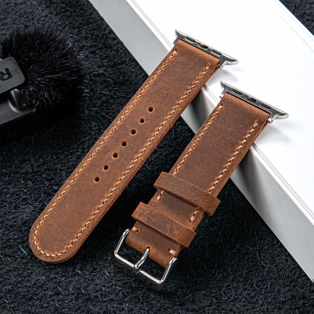 Dây da đồng hồ da bò sáp 2 lớp ngựa điên Nâu Đất thích hợp Apple Watch, đồng hồ thường size 18, 20, 22, 24mm Vnstrap S22