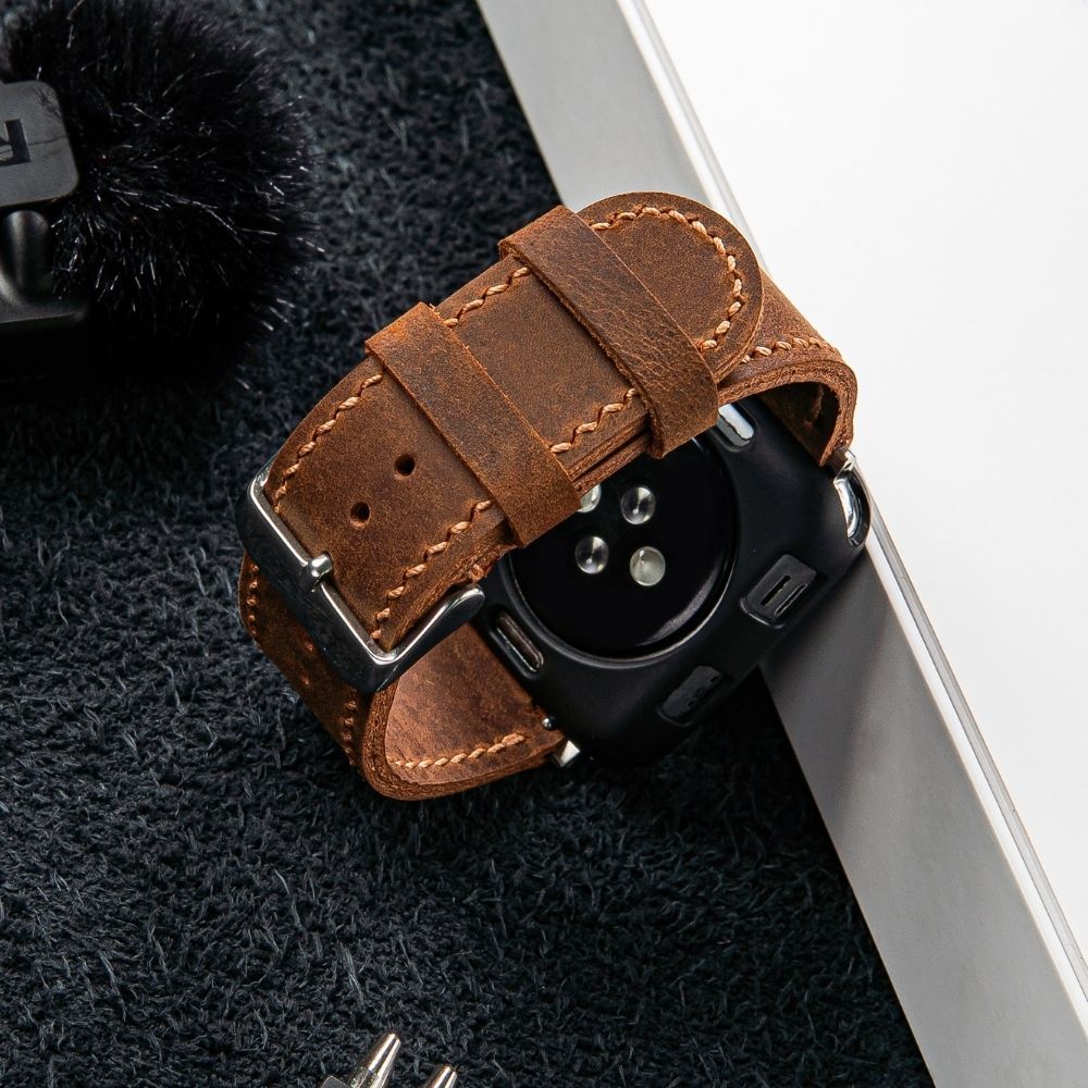 Dây da đồng hồ da bò sáp 2 lớp ngựa điên Nâu Đất thích hợp Apple Watch, đồng hồ thường size 18, 20, 22, 24mm Vnstrap S22