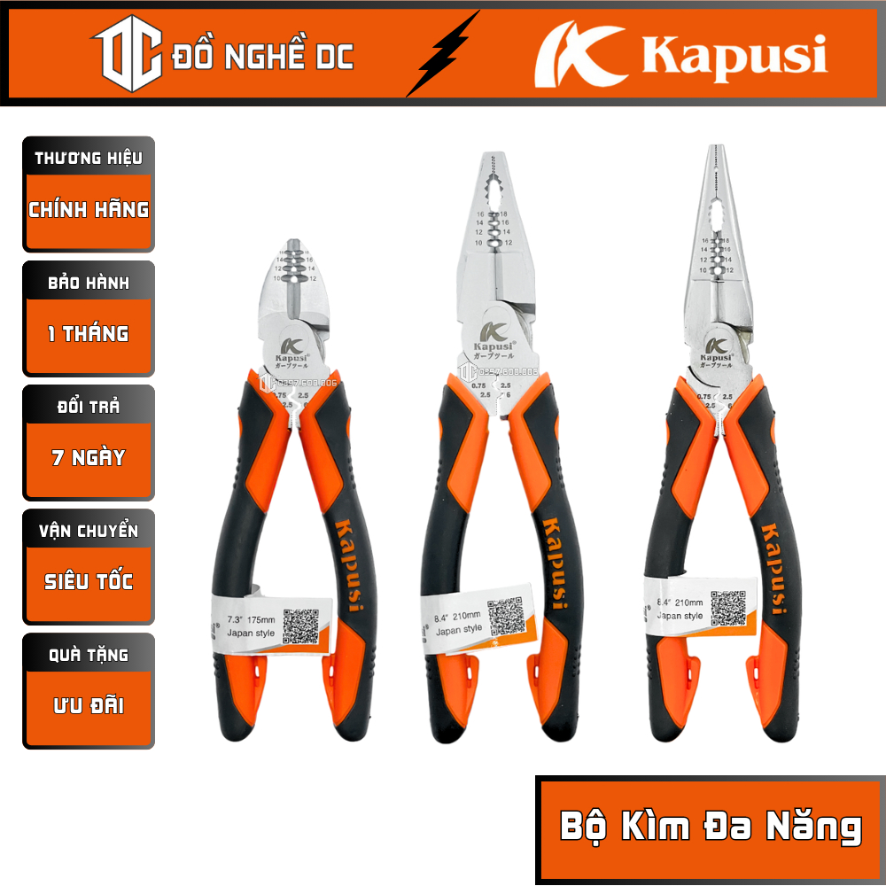 Bộ 3 Kìm Điện Kìm Cắt Kìm Nhọn Đa Năng, Kềm Tuốt Dây Ép Cos K-8084 K-8088 K-8086 Kapusi Nhật Bản thép CR-V kẹp cắt bấm