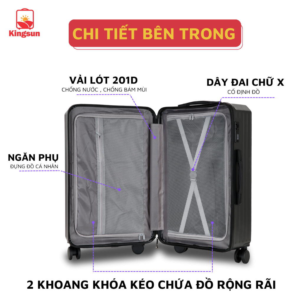 Vali du lịch Kingsun vali kéo dáng kiểu hộp size 24 KS-P37 nhựa ABS + PC cao cấp bo góc kim loại chống va đập