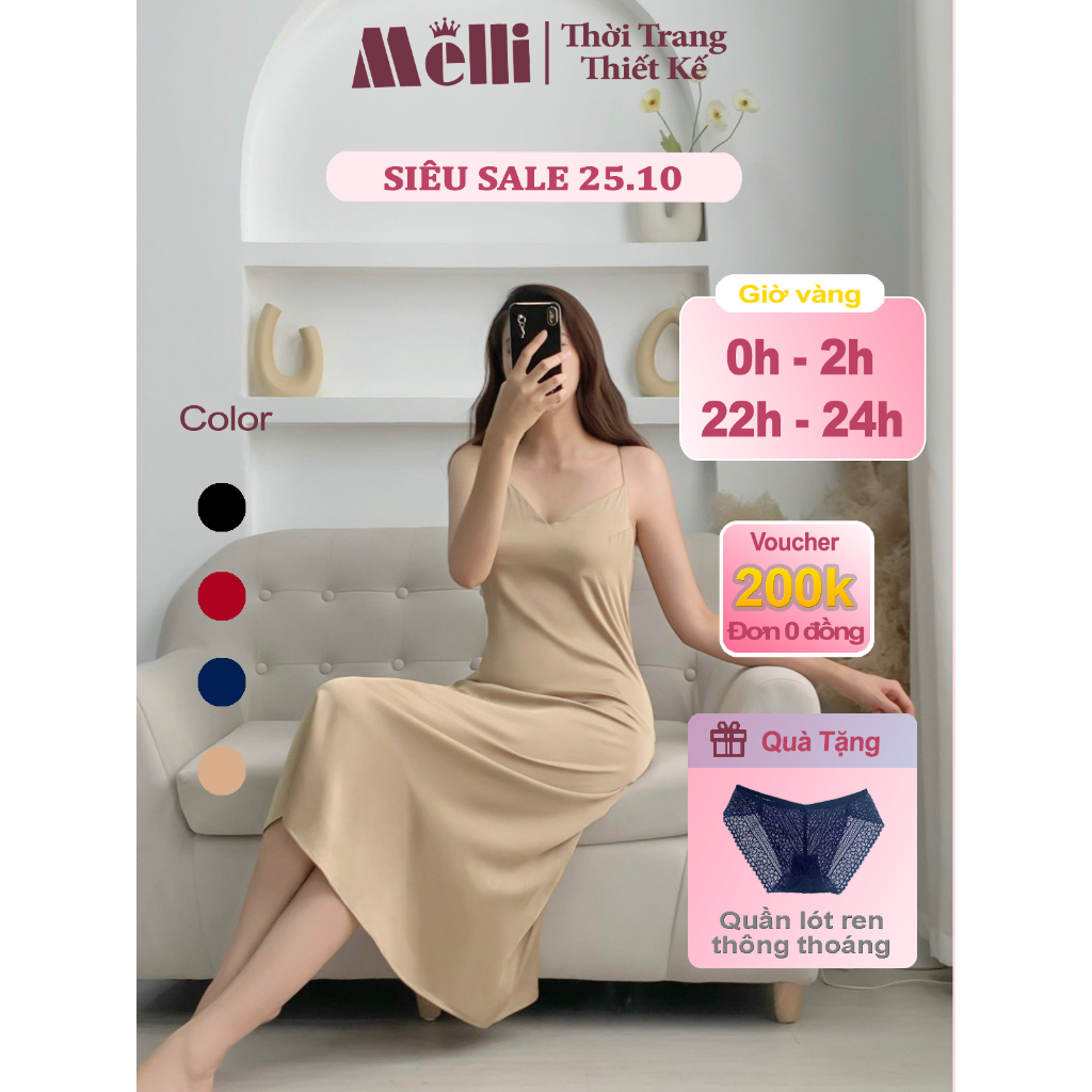 Váy Ngủ Nữ 2 Dây Lụa Pháp Cổ Tim Cao Cấp Siêu Mềm Mại , Sexy Cao Cấp Trơn 4 Màu Melli Homewear V04