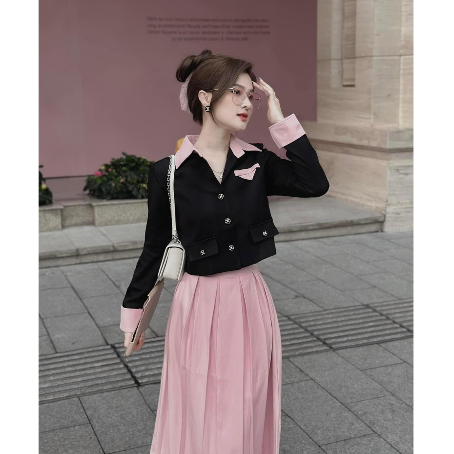 Set áo nữ dạ đen cổ hồng croptop tay dài viền mix cùng chân váy tiểu thư, dễ thương.❤️