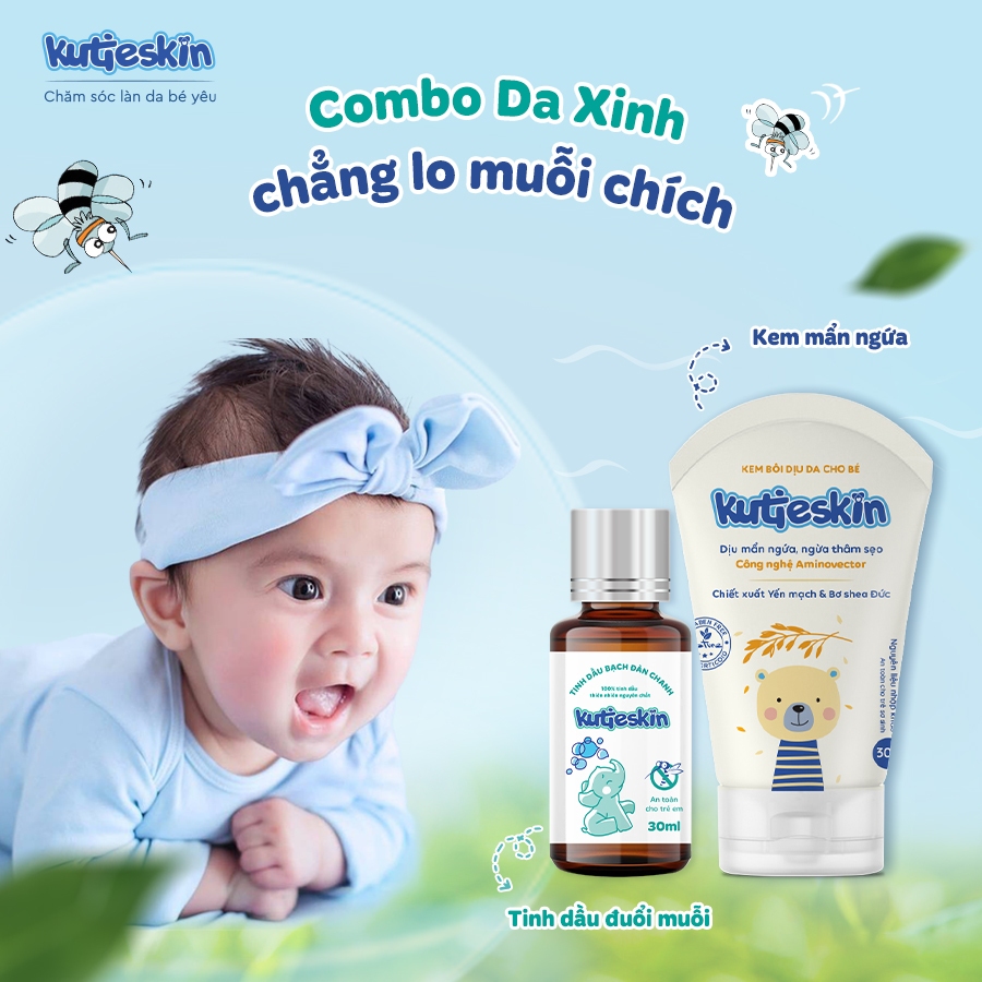 Combo Kutieskin gồm Kem bôi dịu da 30gr và tinh dầu đuổi muỗi, giữ ấm cơ thể 30ml - KKD01, BDC02