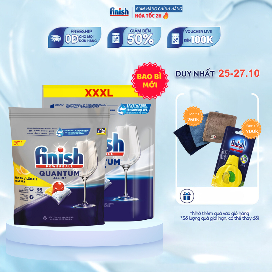 Viên rửa chén bát Finish Quantum 60viên/36viên hương chanh/táo chanh/không mùi nhập khẩu EU, làm sạch nhanh chóng