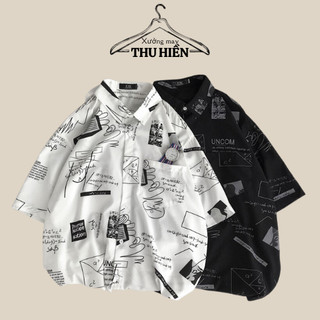 Áo sơ mi cộc tay họa tiết hình học unisex/Áo sơ mi tay lỡ có cổ trẻ trung năng động