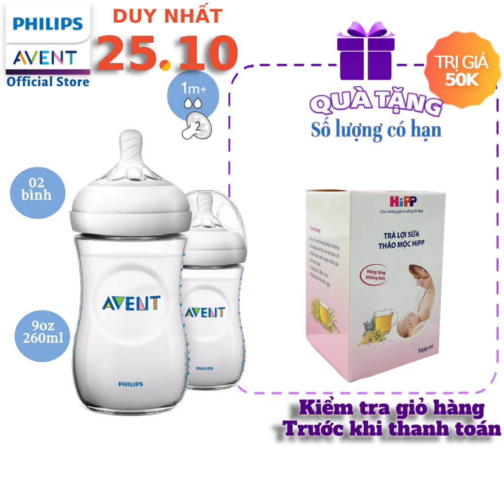 Philips Avent Bộ 2 bình sữa mô phỏng tự nhiên 260ml cho bé từ 1 tháng SCF693/23