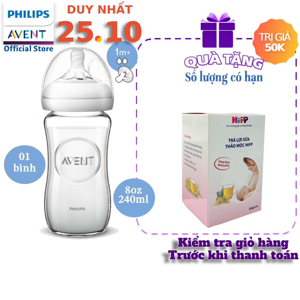 Philips Avent bình sữa thủy tinh mô phỏng tự nhiên 240ml bé từ 1 tháng SCF673/13