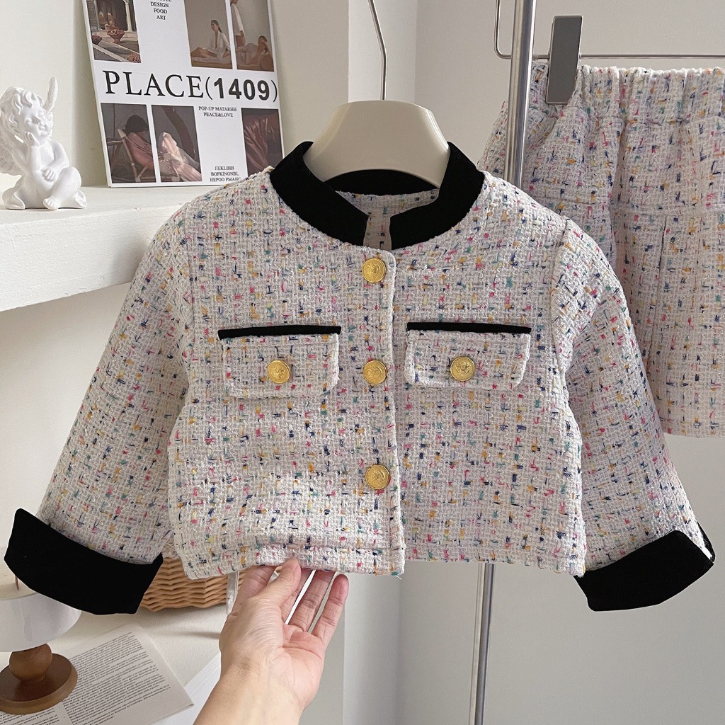 Bộ Dạ Tweed, Viền Nhung Lót Chần Bông Và Nhung Cho Bé Gái