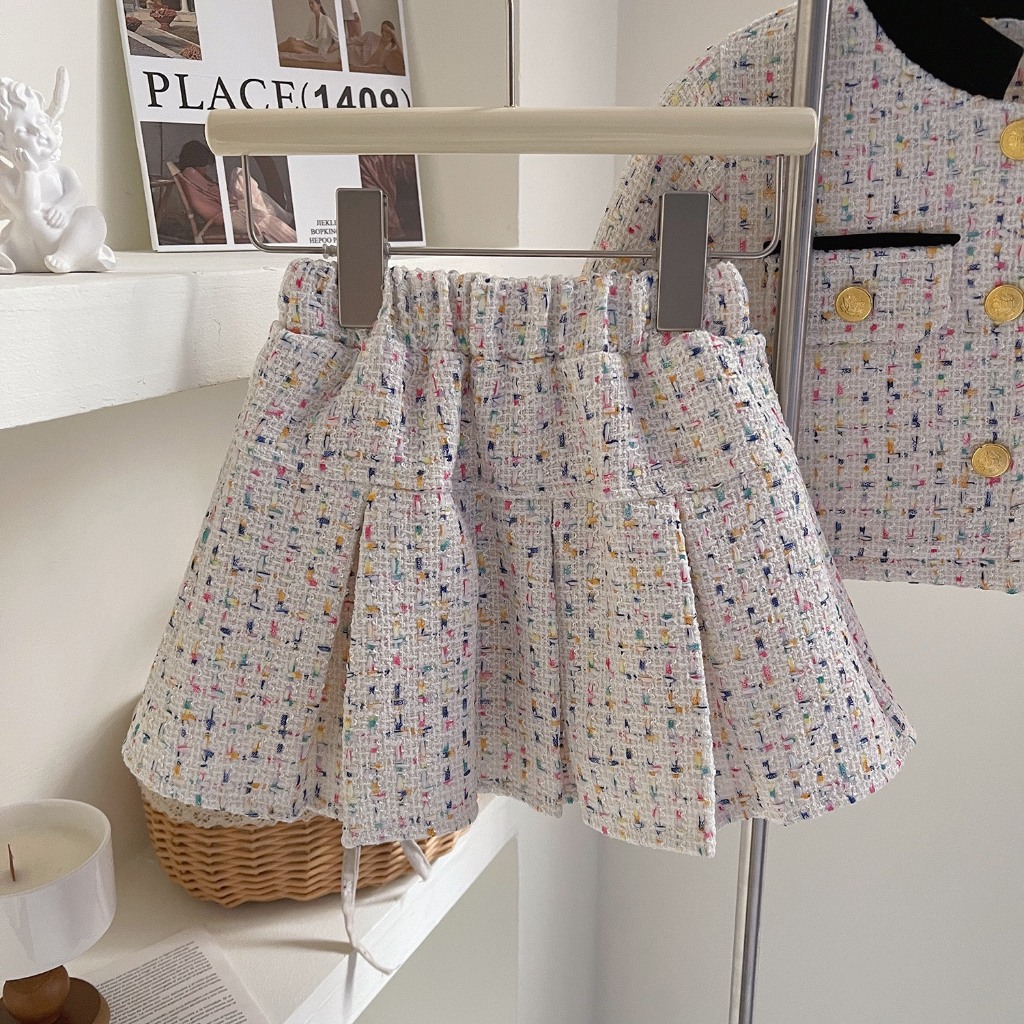 Bộ Dạ Tweed, Viền Nhung Lót Chần Bông Và Nhung Cho Bé Gái
