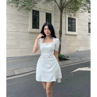 Đầm cổ vuông trắng phối nút bigsize