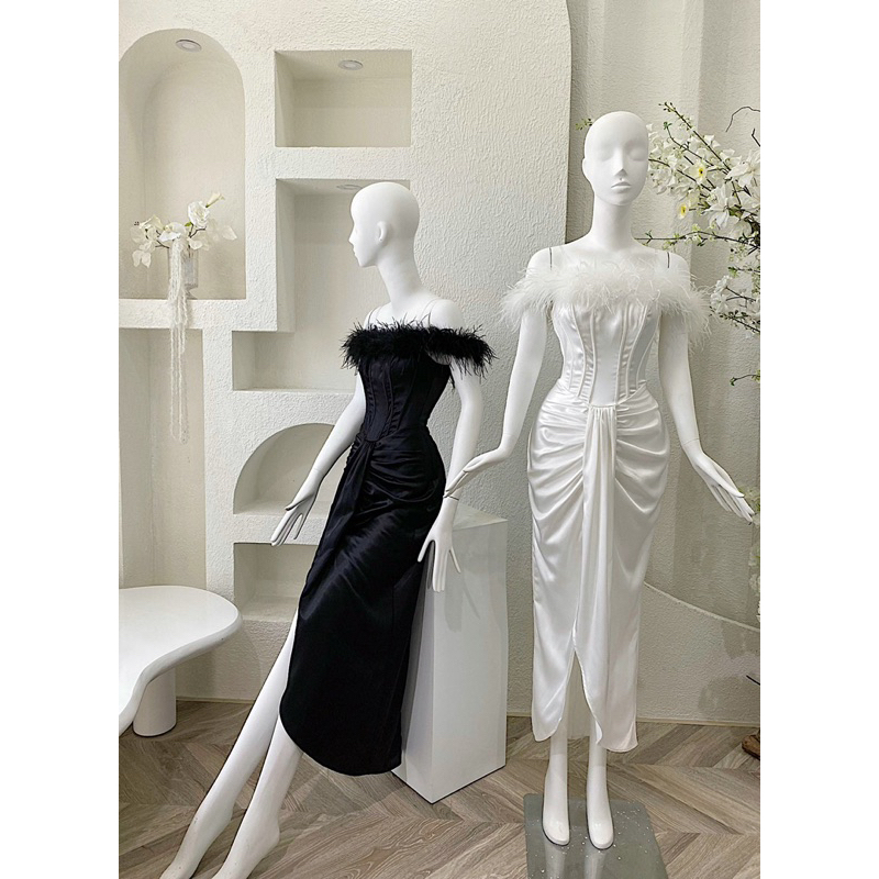 Đầm tiệc trễ vai lông vũ