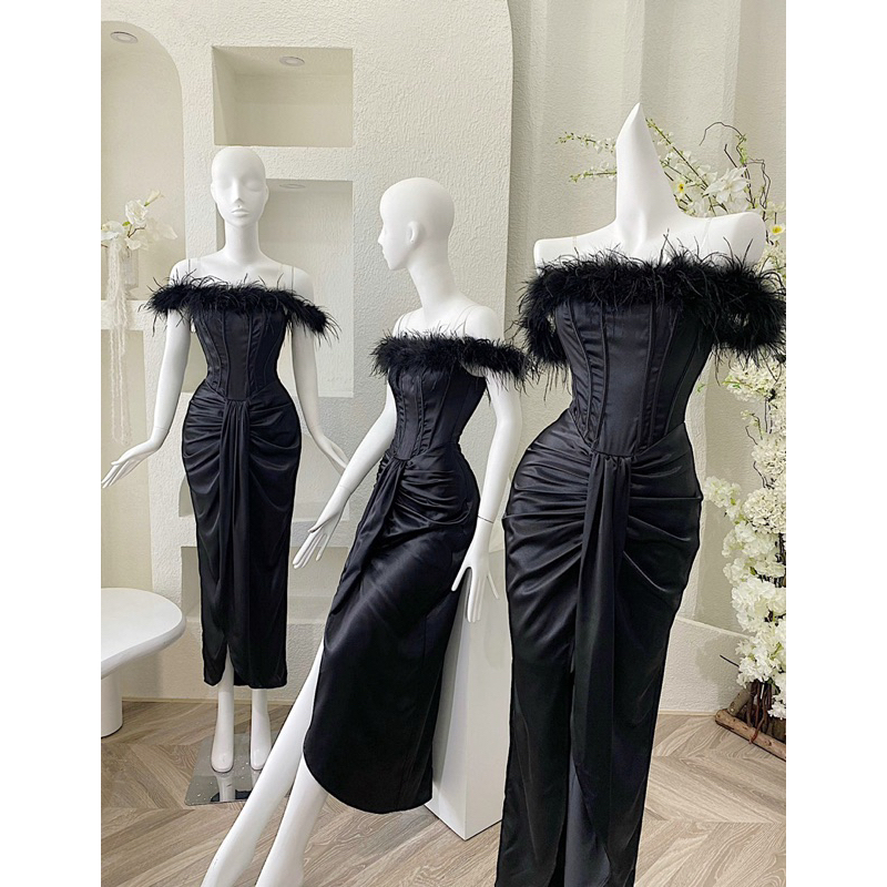 Đầm tiệc trễ vai lông vũ