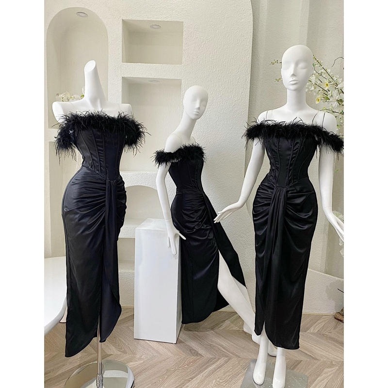 Đầm tiệc trễ vai lông vũ