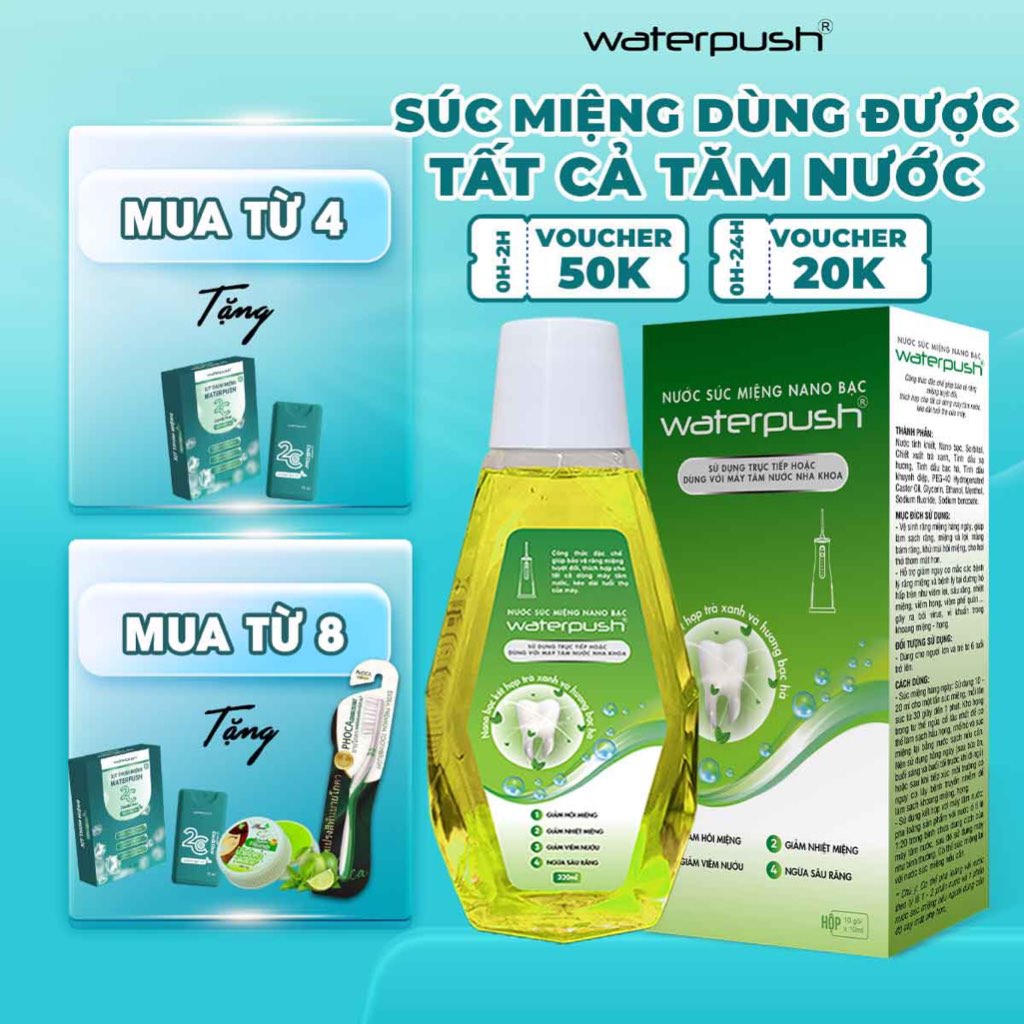 [DÙNG ĐƯỢC CHO MÁY TĂM NƯỚC] Nước súc miệng WaterPush Nano Bạc giúp trắng răng, giảm nhiệt miệng, hơi thở thơm mát