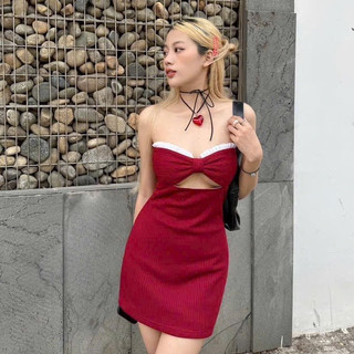 Đầm body dáng ngắn khoét ngực phối ren đính nơ có mút Snow Dress Biu Clothing BB0179