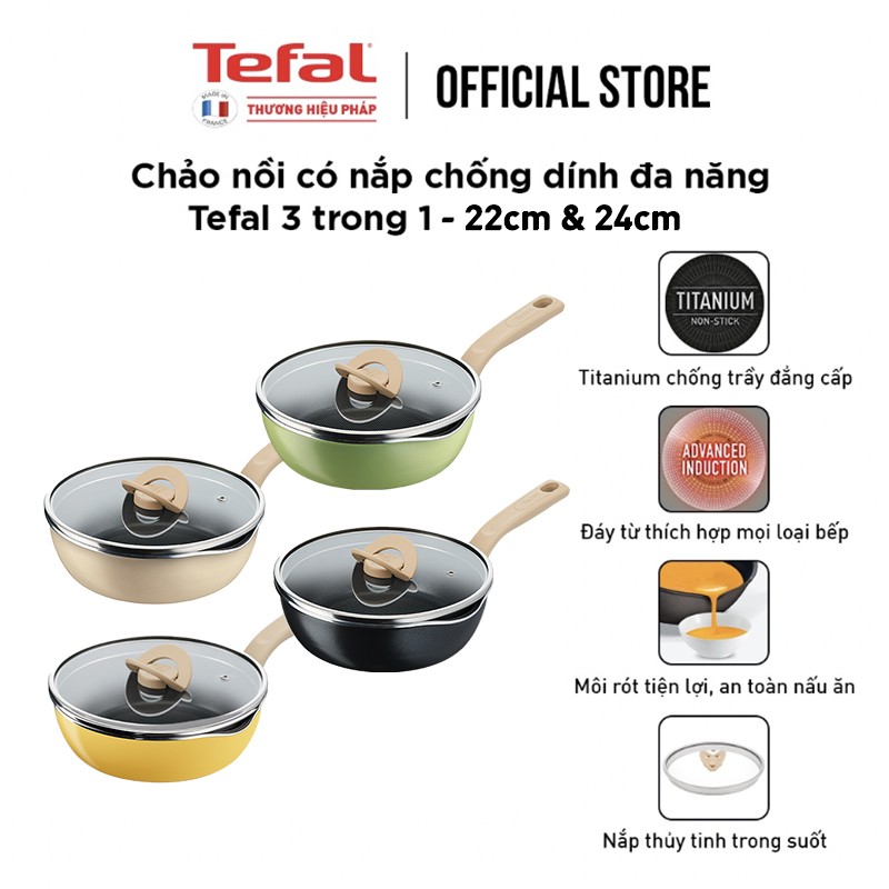 Chảo nồi có nắp chống dính đa năng Tefal One Pick Pot Pan 3 trong 1 Size 22-24cm