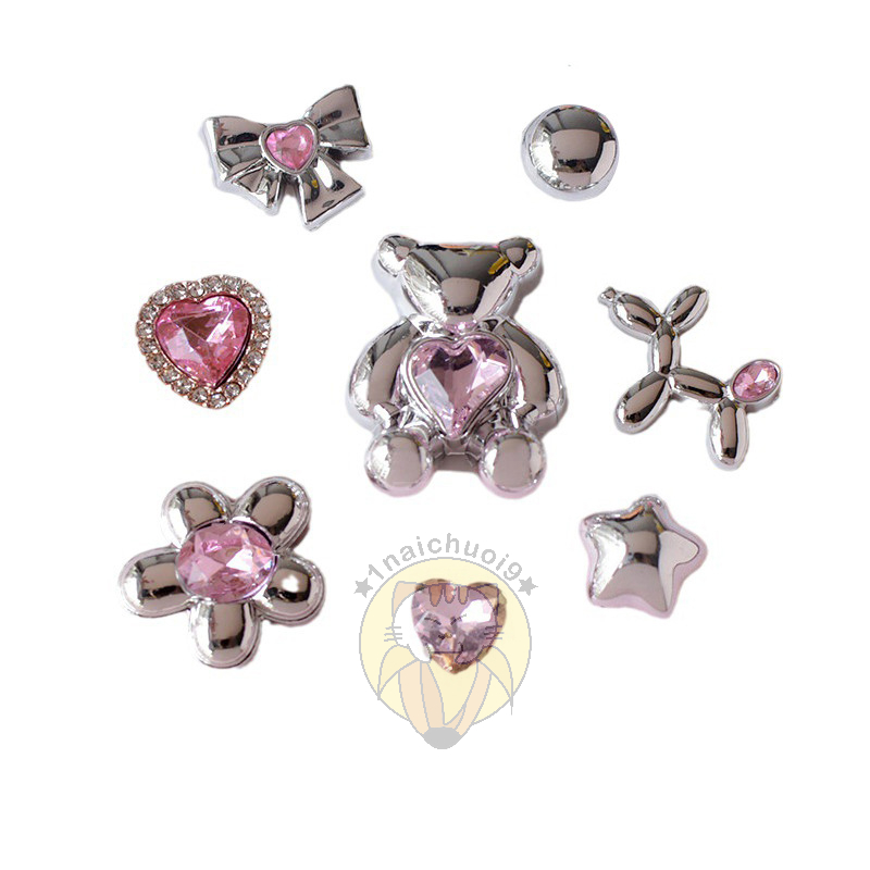 Charm  gấu , hoa, nơ nhũ bạc gắn đá trang trí toploader, làm jibbitz, khuy áo, DIY